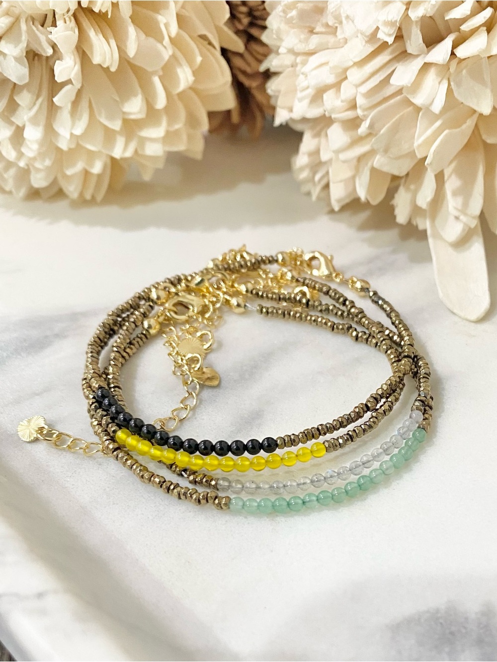 Dainty Gold Hematite & Gemstone Bracelet, Adjustable Chain , pick your color
